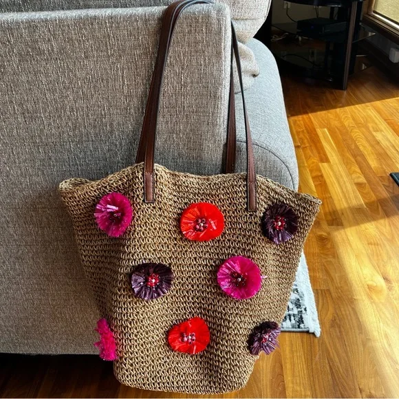 Jessica Simpson Bags Jessica Simpson Stpetes Straw Floral Beach Bag Pure Tote Pink Flowers Poshmark